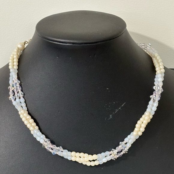 Vintage faux pearl, milk glass and AB rhinestone necklace with extender #262 - Picture 1 of 6